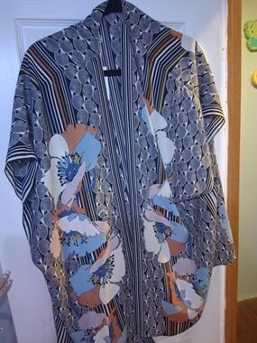 Max Studio Navy & White Striped Floral Kimono